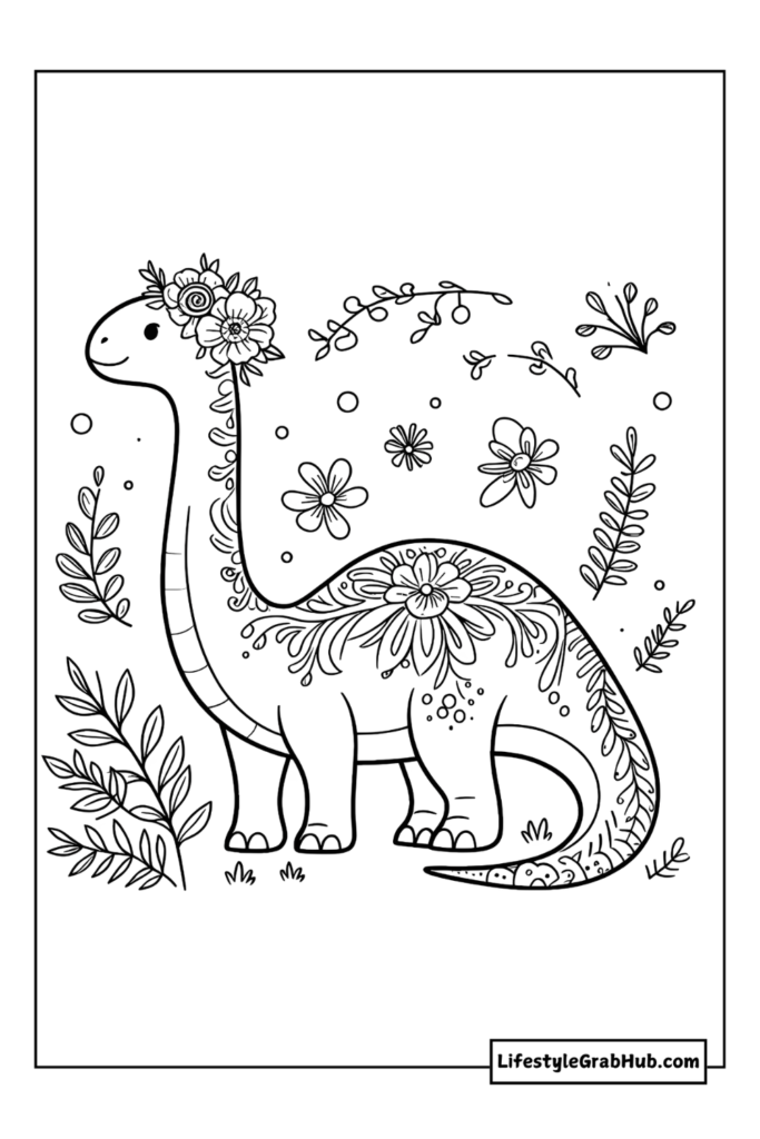 floral brachiosaurus cute dinosaur coloring pages