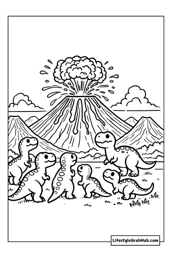 dinosaurs watching a volcano erupt cute dinosaur coloring pages