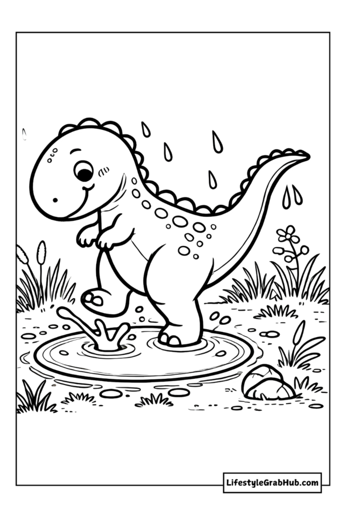 dinosaur stepping in a puddle cute dinosaur coloring pages