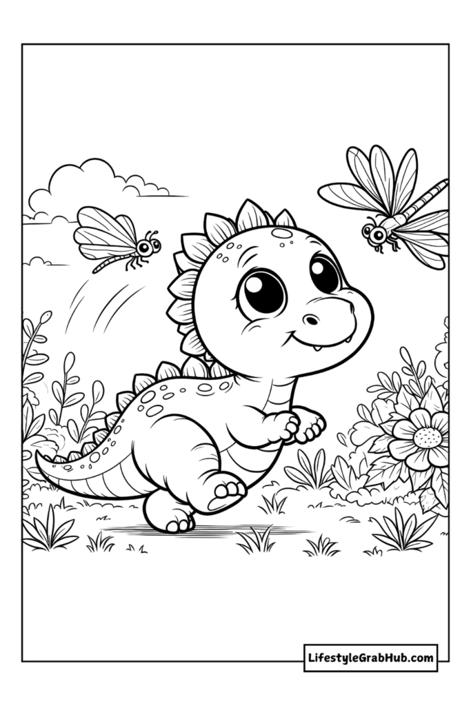 baby dinosaur playing dinosaur coloring page