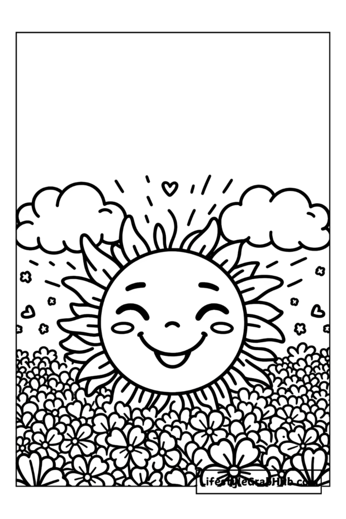 sun shining over a field of shamrocks coloring page