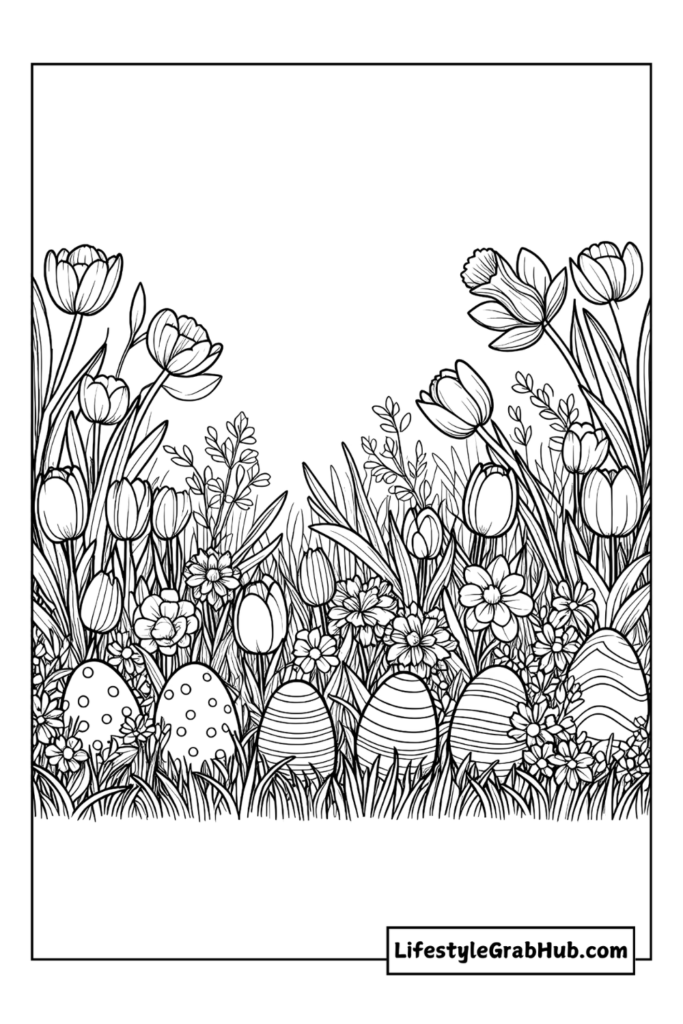 FIELD OF TULIPS AND DAFFODILS WITH EASTER EGGS EASTER COLORING SHEETS