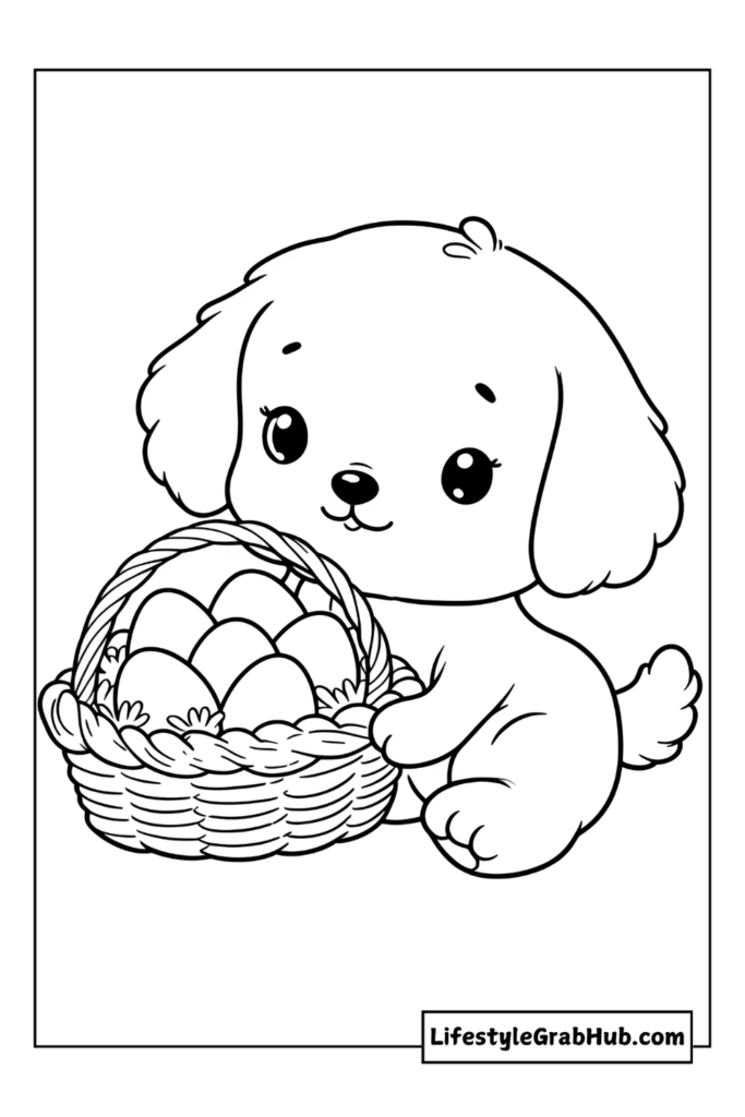 PUPPY HOLDING A BASKET OF EGGS EASTER COLORING PAGES
