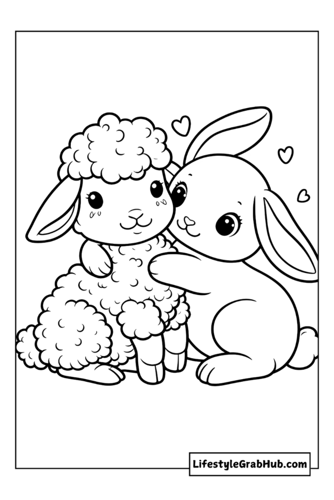 BUNNY HUGGING A LAMB EASTER COLORING PAGES FOR KIDS