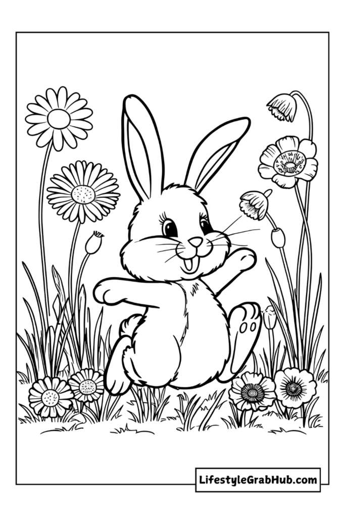 BUNNY HOPPING THROUGH A FIELD OF FLOWERS EASTER COLORING PAGES FOR KIDS
