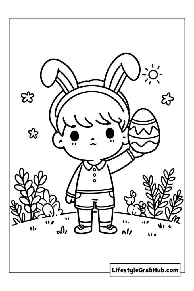 BOY HOLDING AN EASTER EGG FREE EASTER COLORING PAGES