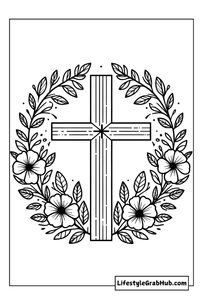 A CROSS WITH FLOWERS EASTER COLORING PAGES