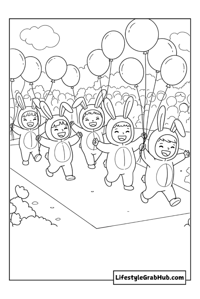 KIDS WEARING BUNNY COSTUMES IN A PARADE FREE EASTER COLORING PAGES