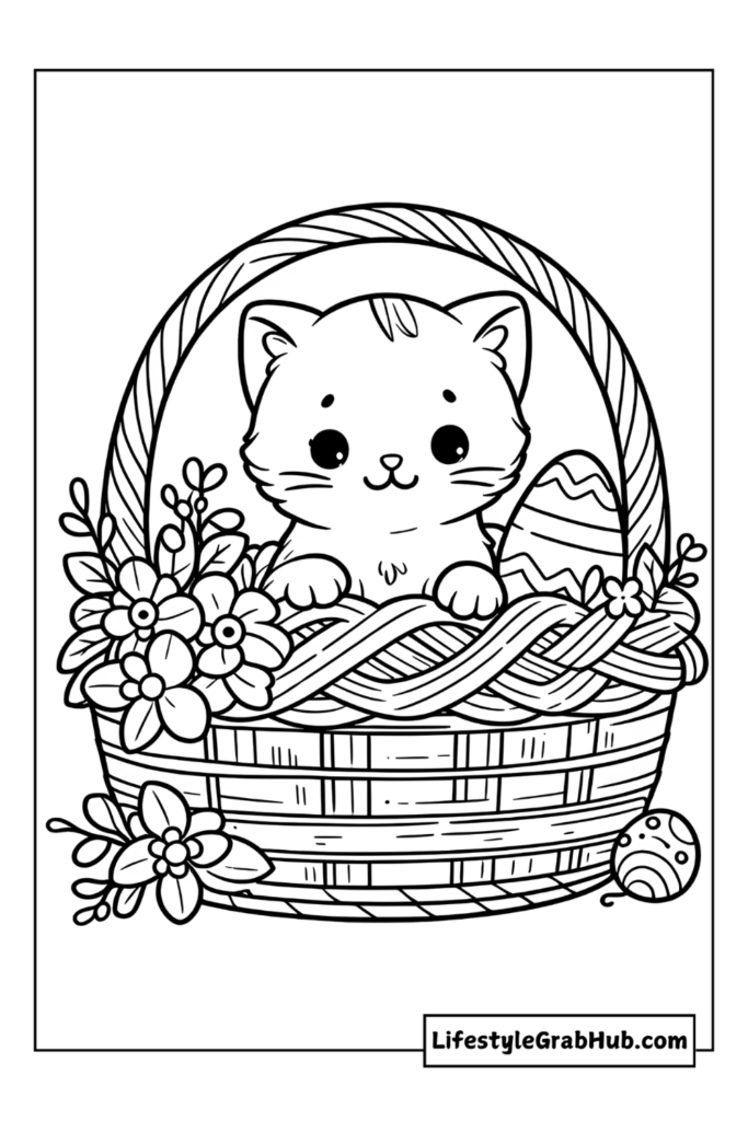 KITTEN IN AN EASTER BASKET FREE EASTER COLORING PAGES