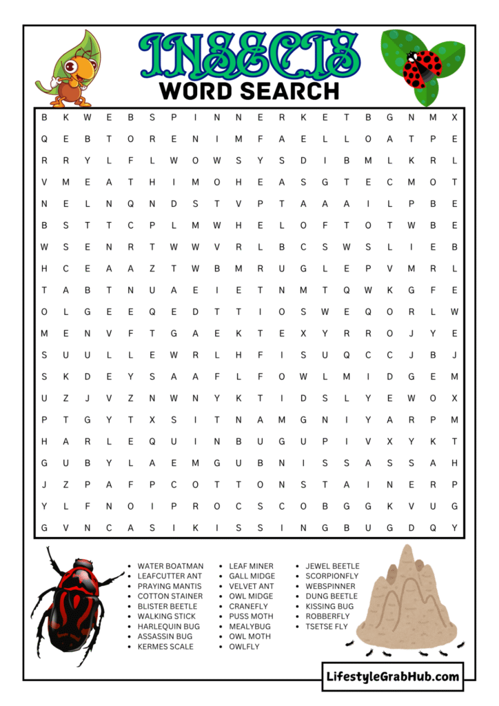 FREE HARD LEVEL INSECTS WORD SEARCH FOR ADULTS AND KIDS