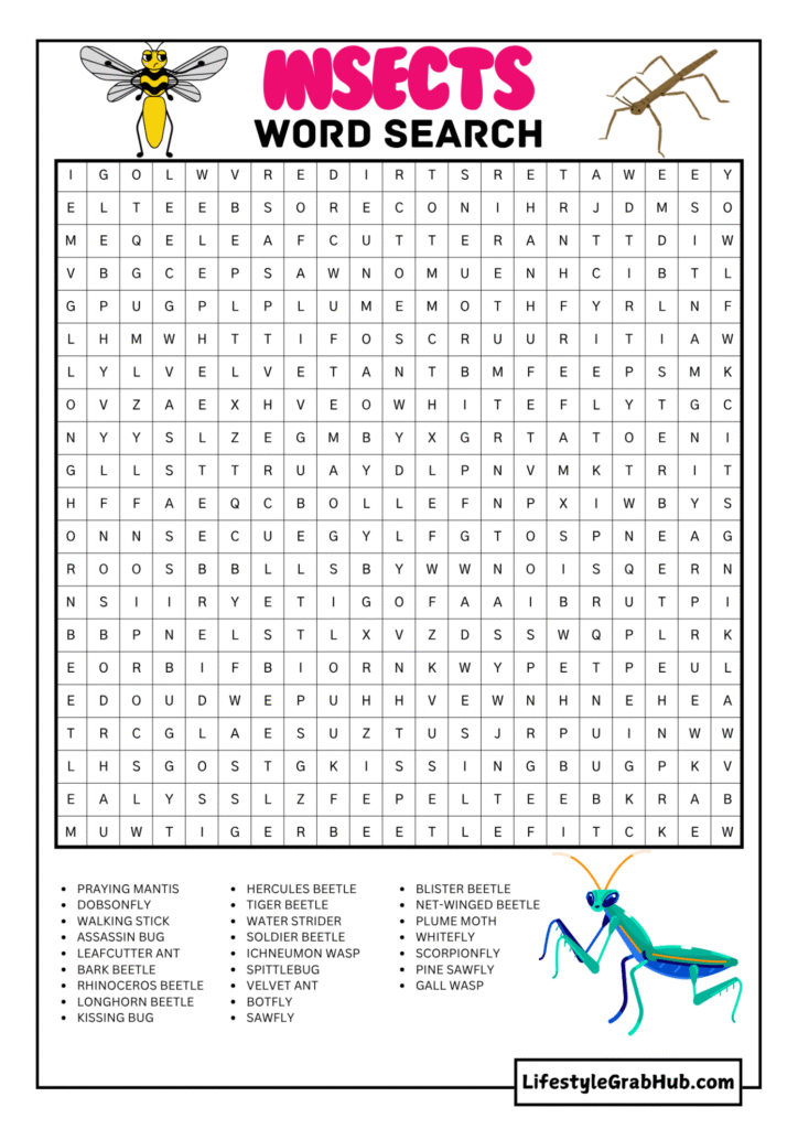 FREE HARD LEVEL INSECTS WORD SEARCH FOR KIDS AND ADULTS