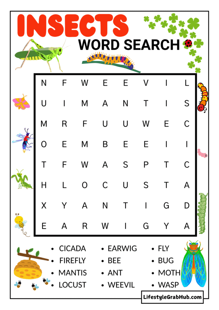 PRINTABLE INSECTS WORD SEARCH FOR KIDS