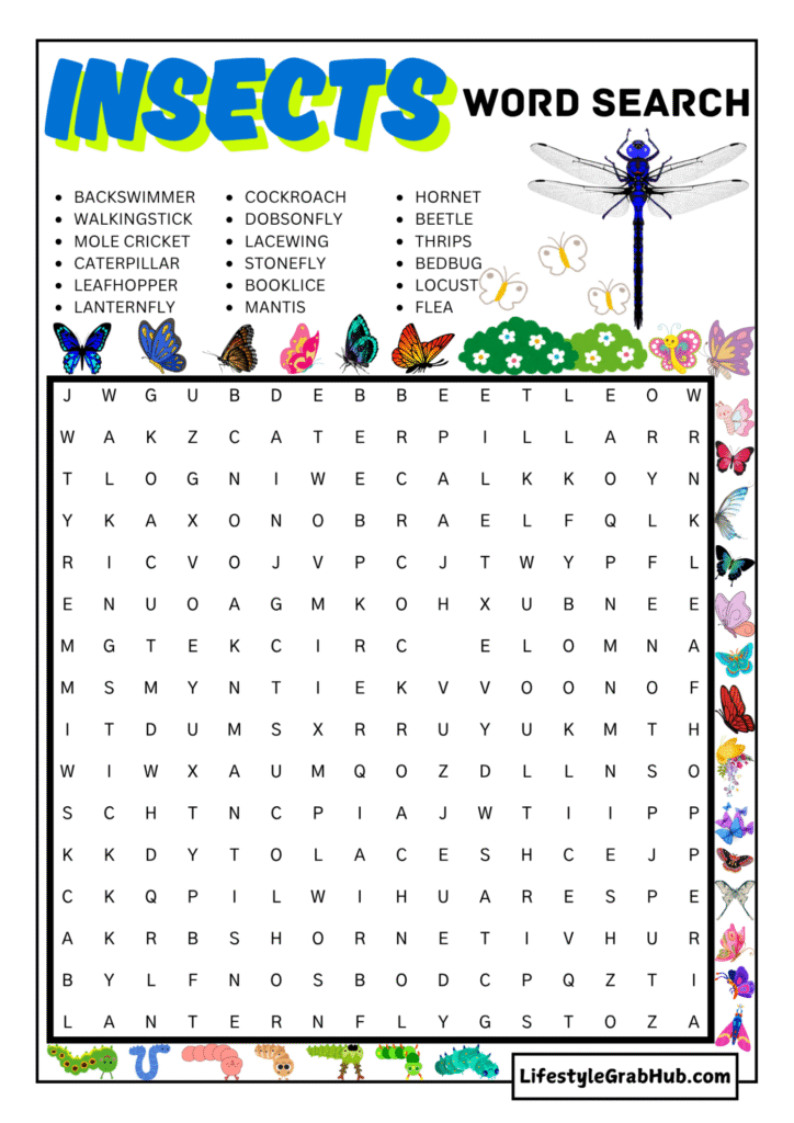FREE MEDIUM LEVEL INSECTS WORD SEARCH PINS