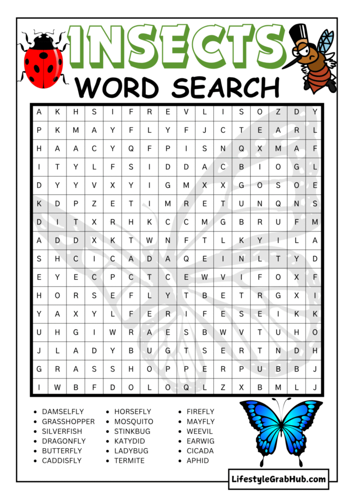 MEDIUM INSECTS WORD SEARCH FOR KIDS AND ADULTS