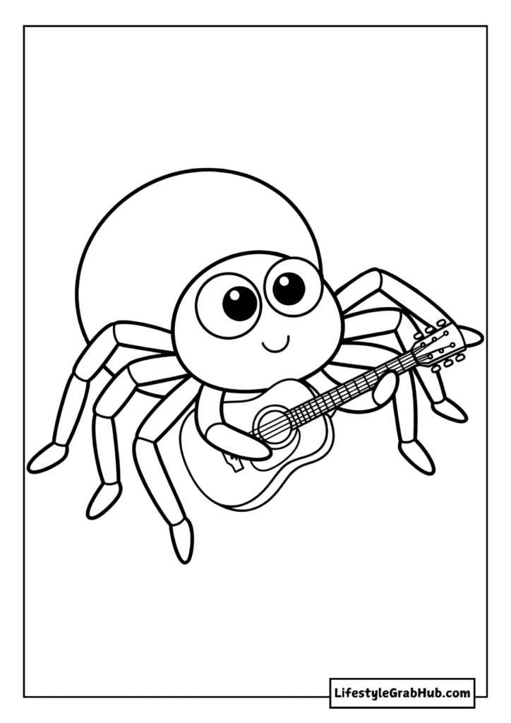 SPIDER PLAYING A TINY GUITAR COLORING PAGE