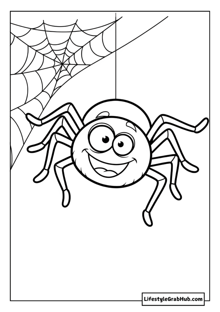SILLY SPIDER HANGING FROM A WEB COLORING PAGE