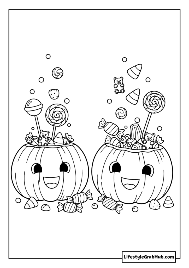 PUMPKINS WITH CANDY SPILLING OUT COLORING PAGE
