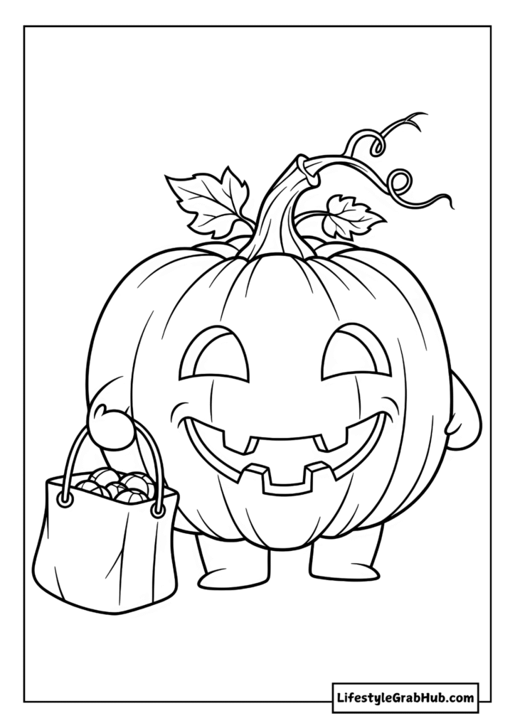 PUMPKIN WITH A TRICK OR TREAT BAG COLORING PAGE