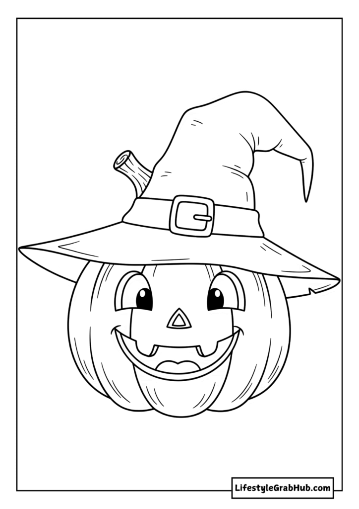 PUMPKIN WEARING A WITCH HAT COLORING PAGE