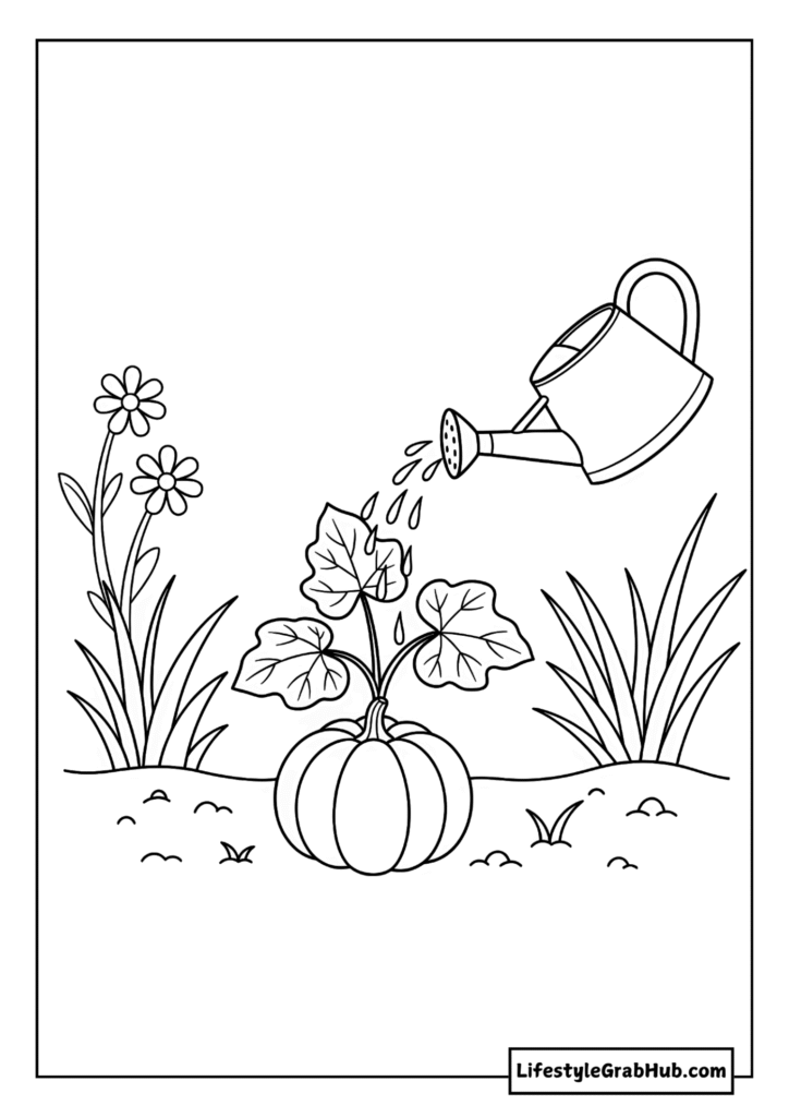 PUMPKIN BEING WATERED COLORING PAGE