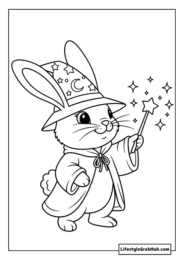 WIZARD BUNNY CASTING SPELLS COLORING PAGE