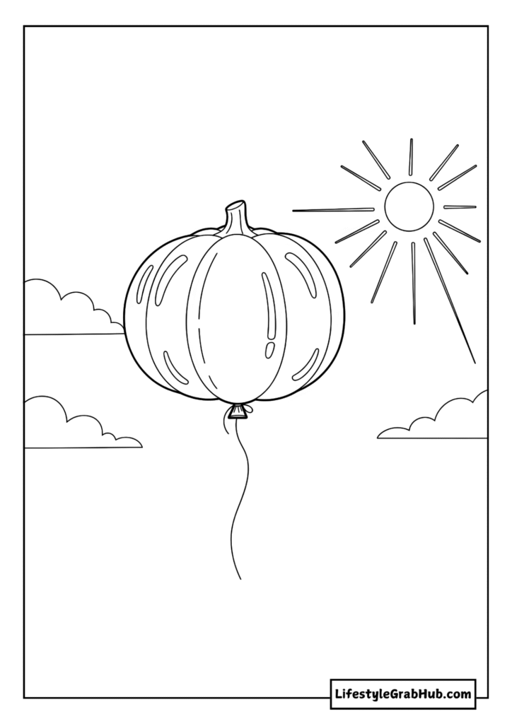PUMPKIN BALLOON FLOATING IN THE SKY COLORING PAGE