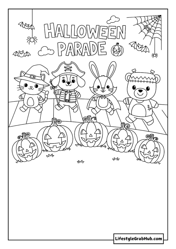 PARADE OF ANIMALS IN COSTUME COLORING SHEET