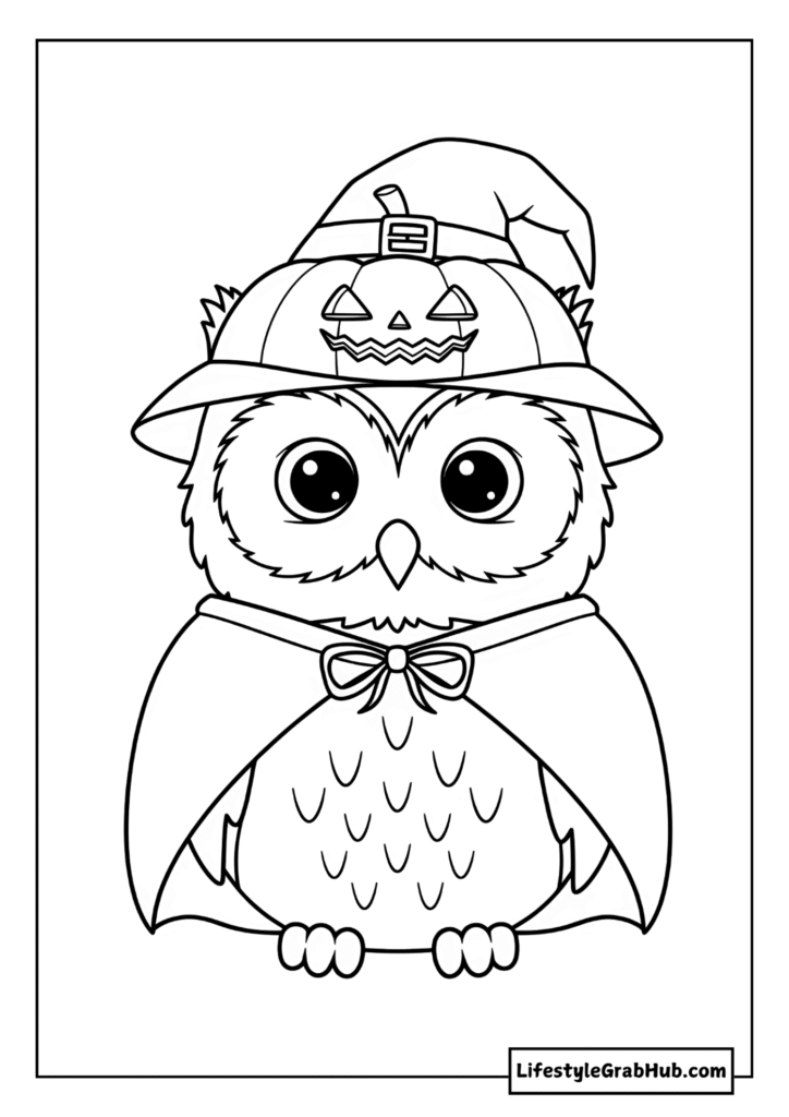 OWL WEARING A HALLOWEEN COSTUME COLORING PAGE
