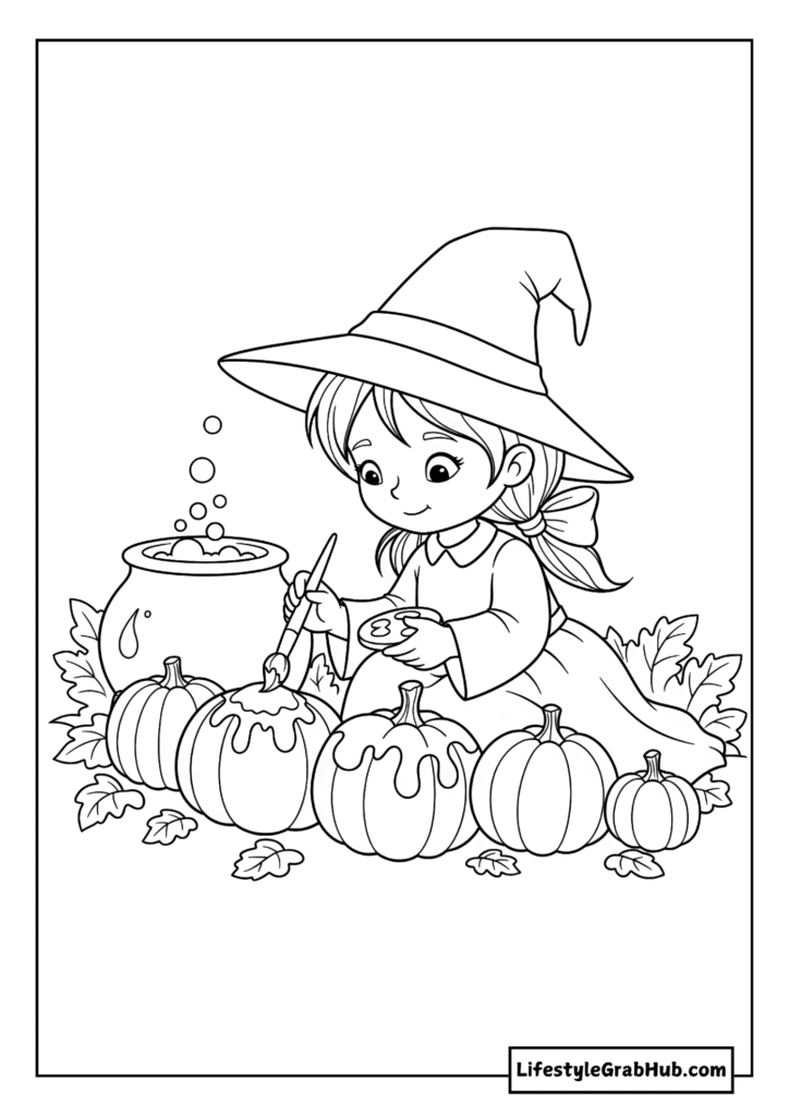 LITTLE WITCH PAINTING PUMPKINS COLORING PAGE