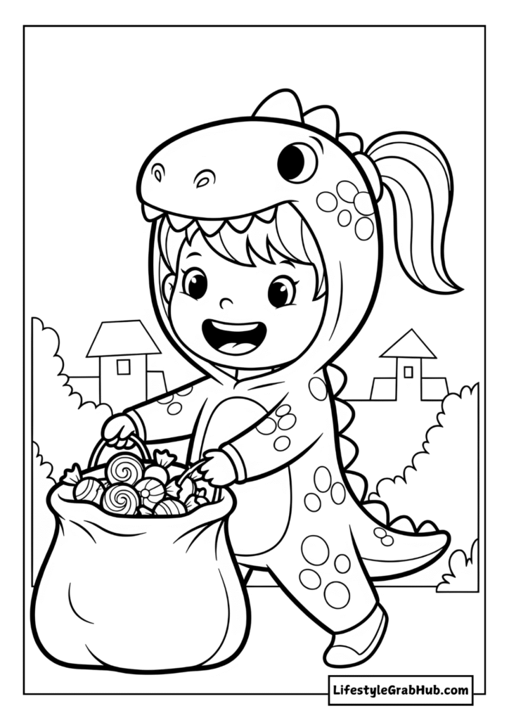 LITTLE GIRL DRESSED AS A DINOSAUR TRICK OR TREATING COLORING SHEET