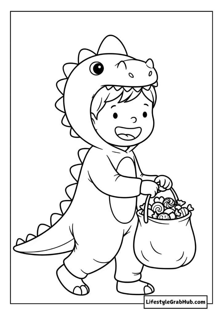 LITTLE BOY DRESSED AS A DINOSAUR TRICK OR TREATING COLORING PAGE