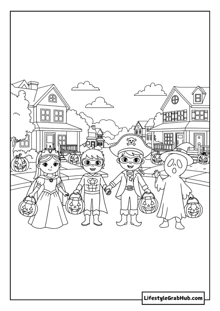 KIDS TRICK OR TREATING IN COSTUMES COLORING PAGE