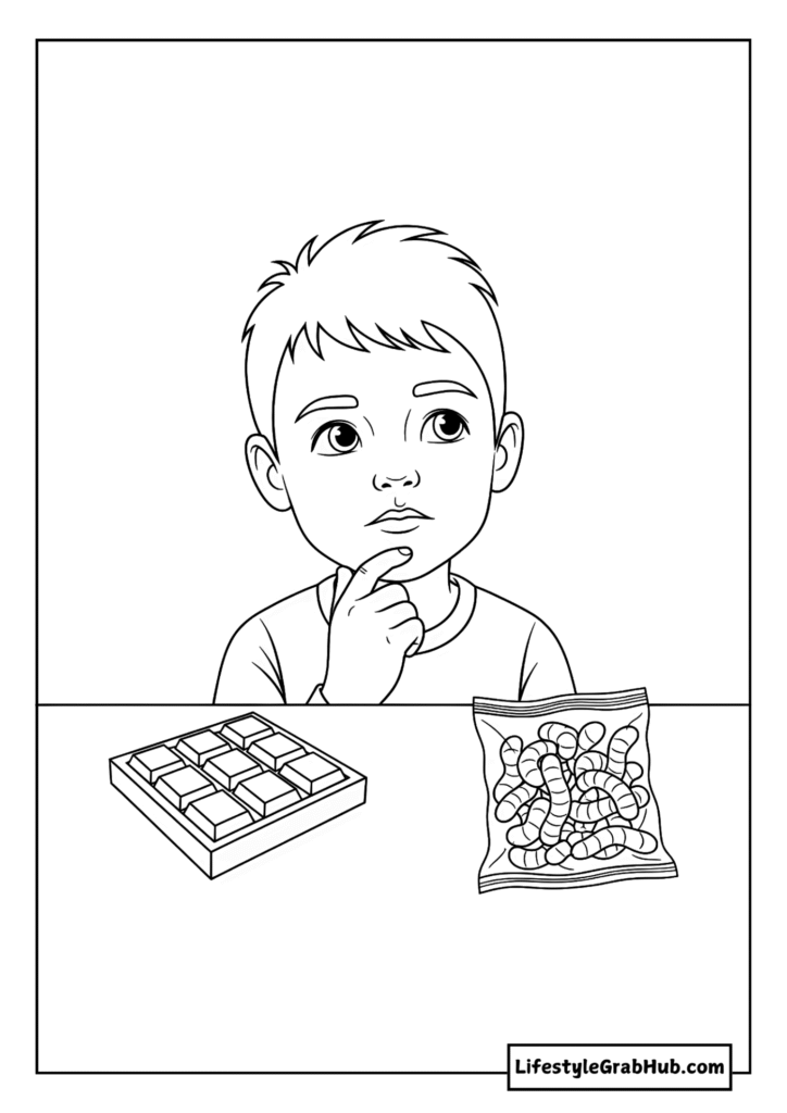 KID CHOOSING BETWEEN CHOCOLATE AND GUMMY WORMS COLORING PAGE