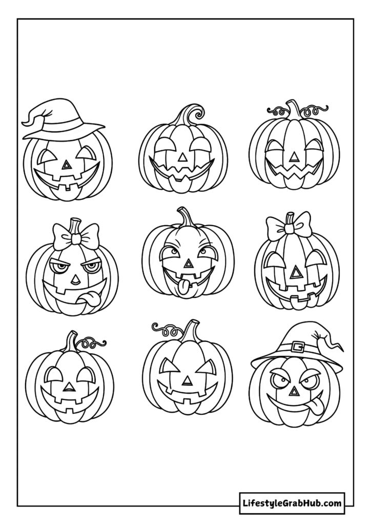 JACK-O'-LANTERNS WITH FUNNY FACES COLORING PAGE
