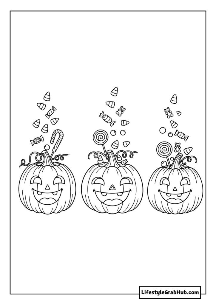 HAPPY PUMPKINS WITH CANDY COLORING PAGE