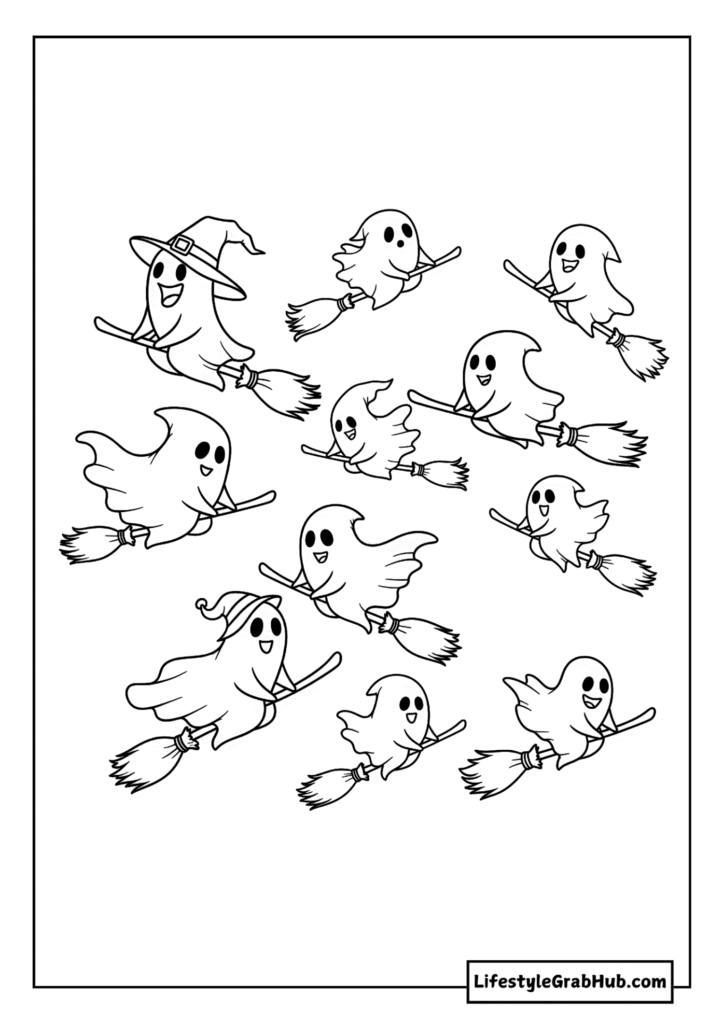 GHOSTS RIDING BROOMSTICKS COLORING PAGE