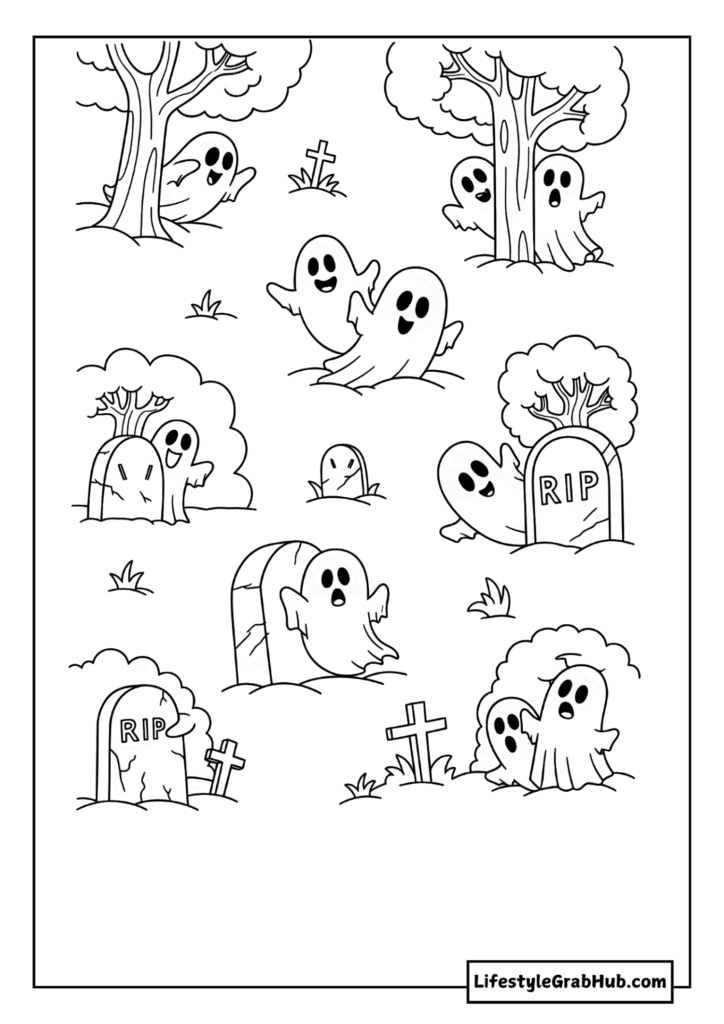 GHOSTS PLAYING HIDE AND SEEK COLORING PAGE