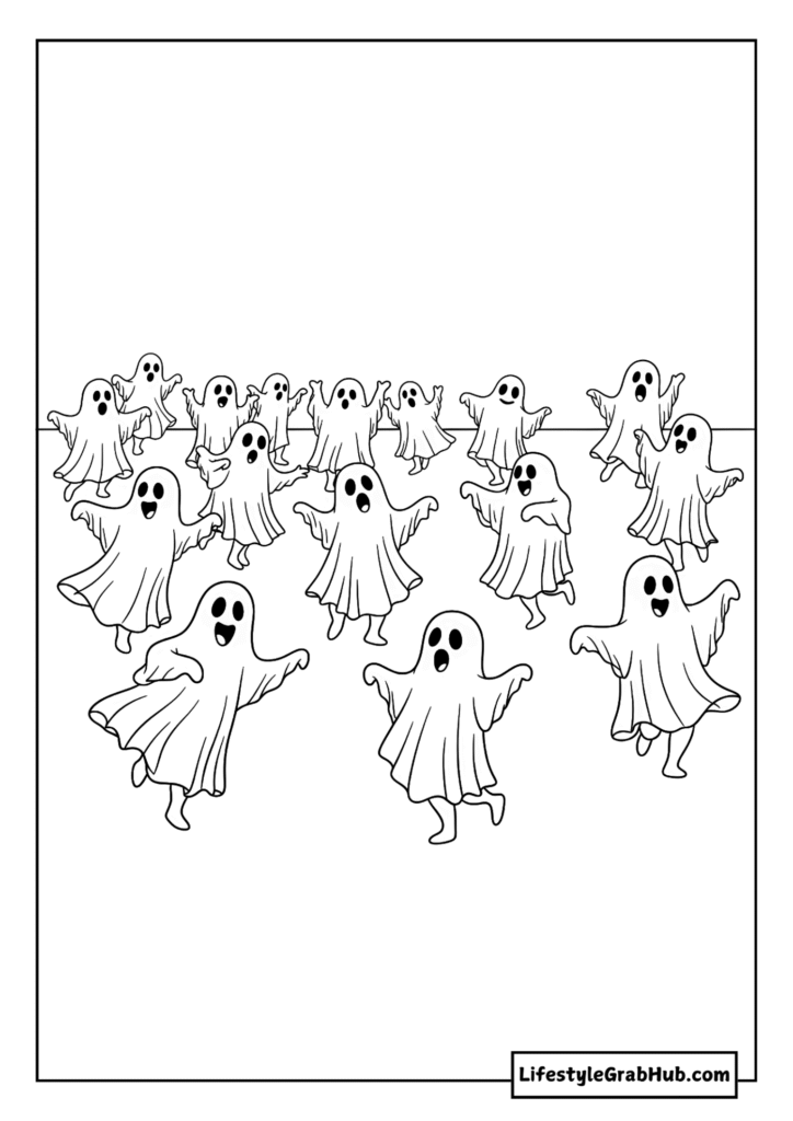 GHOSTS HAVING A DANCE PARTY COLORING PAGE