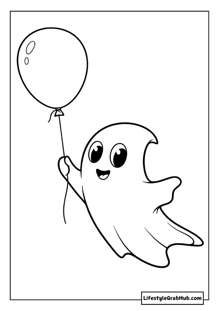 GHOST FLYING WITH A BALLOON COLORING PAGE