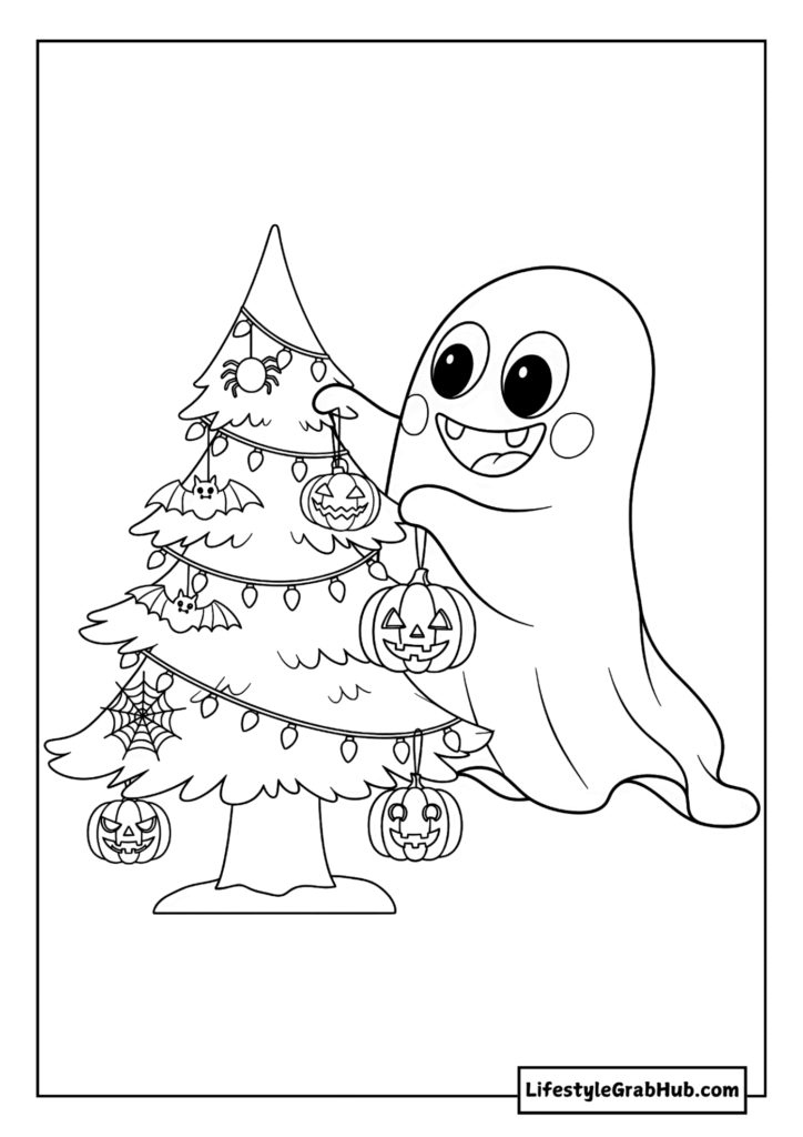 GHOST DECORATING A HALLOWEEN TREE COLORING PAGE