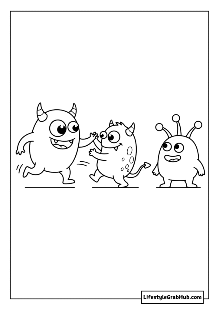 FRIENDLY MONSTERS PLAYING TAG COLORING PAGE