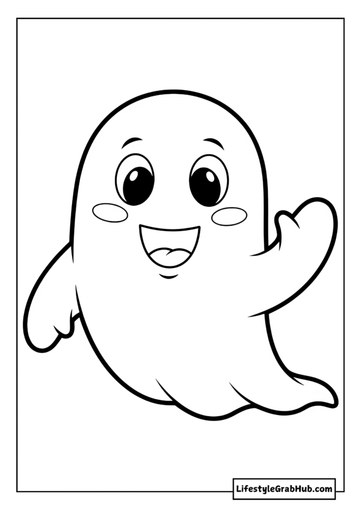 FRIENDLY GHOST WAVING HELLO COLORING PAGE
