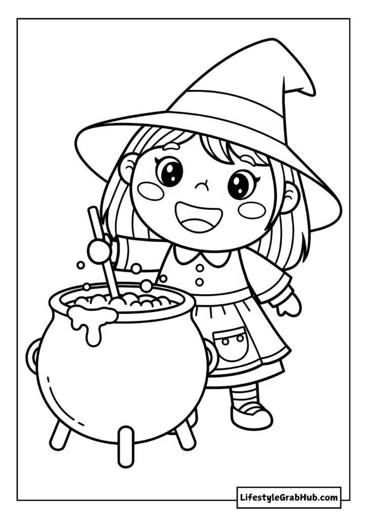 CUTE LITTLE WITCH STIRRING A CAULDRON COLORING PAGE