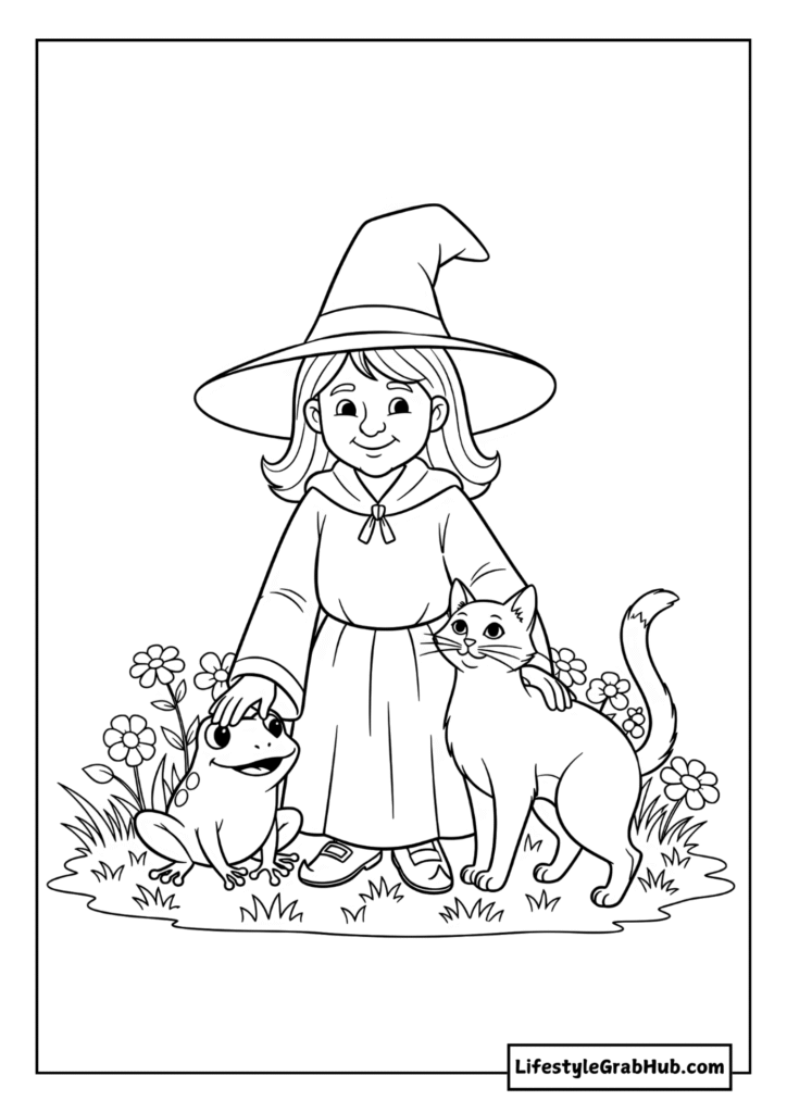 WITCH PETTING HER FROG AND CAT COLORING PAGE