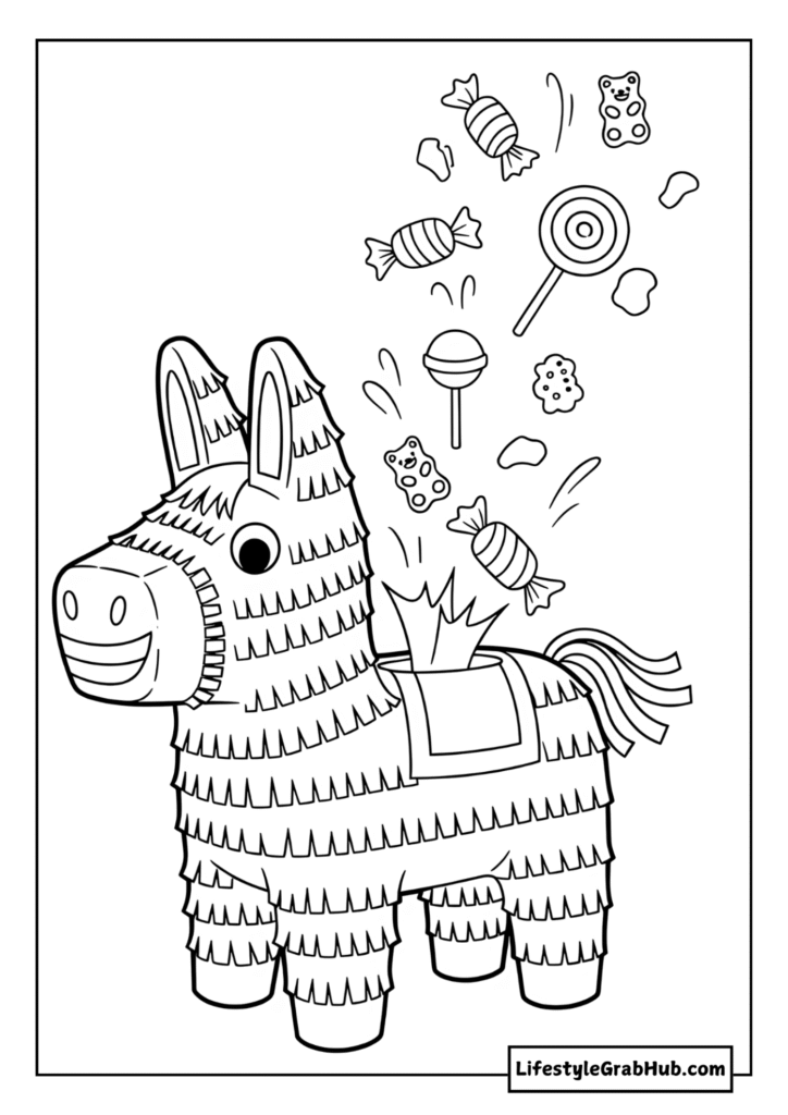 CANDY FLYING OUT AT OF A PINATA - FREE PRINTABLE HALLOWEEN COLORING PAGES FOR KIDS