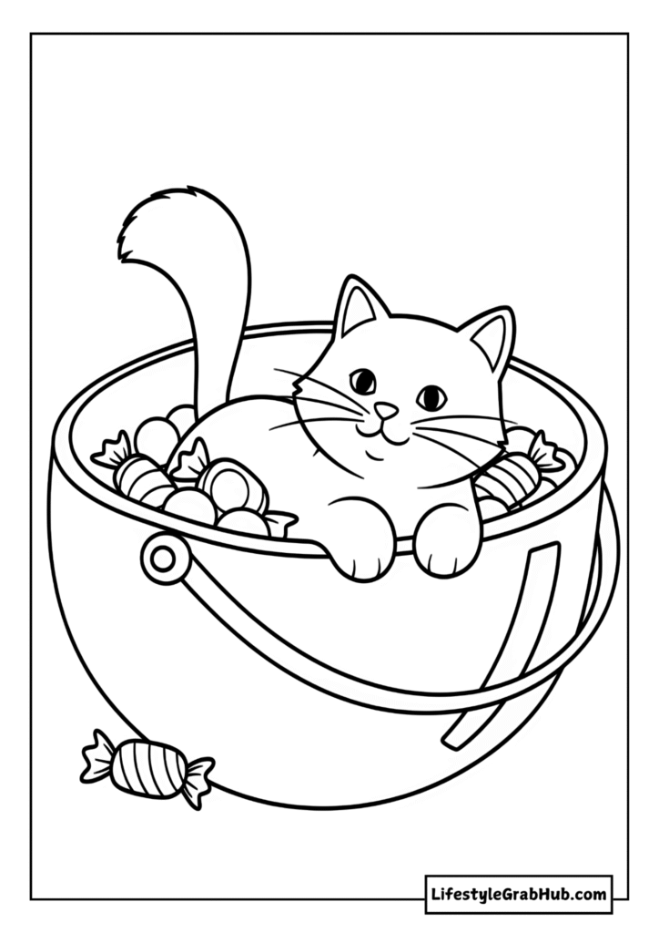 CAT INSIDE A CANDY BUCKET COLORING PAGE - PRINTABLE HALLOWEEN COLORING PAGES FOR KIDS