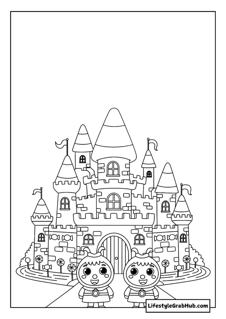 CANDY CORN CASTLE WITH SMILING GUARDS COLORING PAGE  - FREE HALLOWEEN COLORING PAGES FOR KIDS