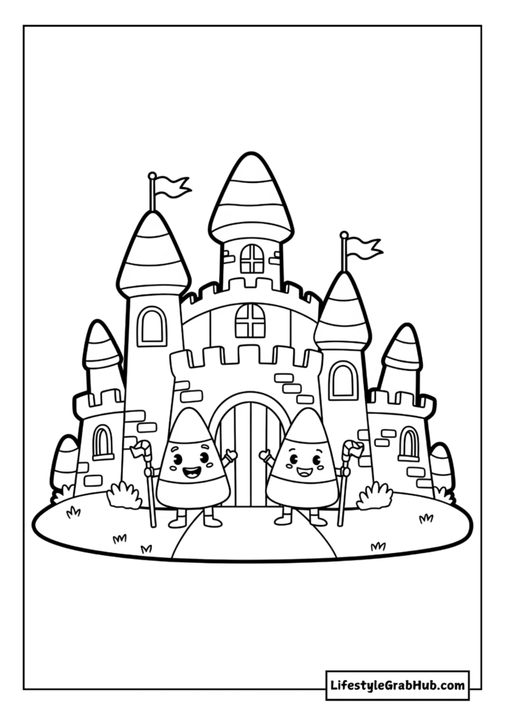CANDY CORN CASTLE WITH WAVING GUARDS COLORING SHEET - FREE PRINTABLE HALLOWEEN COLORING PAGES FOR KIDS