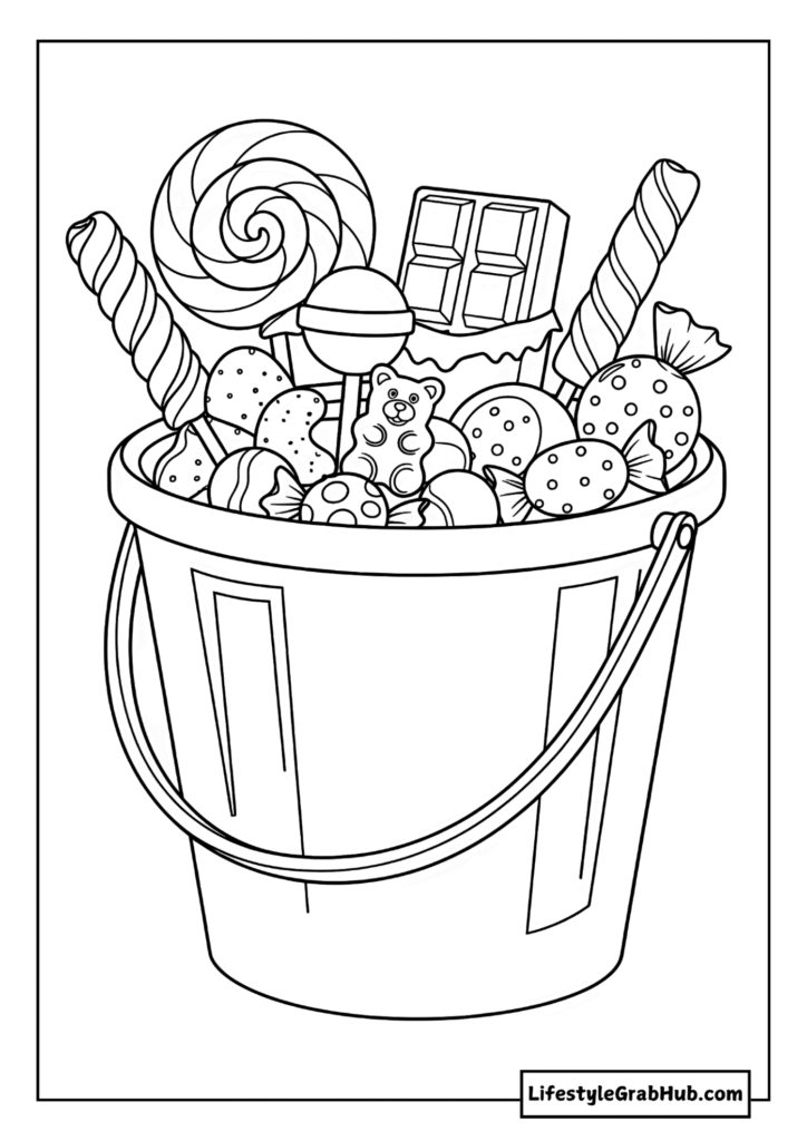 CANDY BUCKET FULL OF TREATS COLORING PAGE - FREE PRINTABLE HALLOWEEN COLORING PAGES FOR KIDS