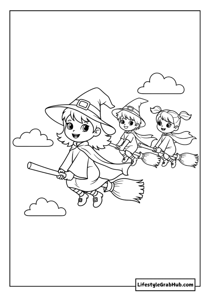 WITCH KIDS RIDING BROOMS COLORING PAGE - FREE HALLOWEEN COLORING PAGES FOR KIDS